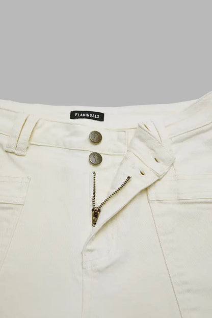 Solid Stitch Detail Patch Pocket Mid Rise Straight Leg Pants