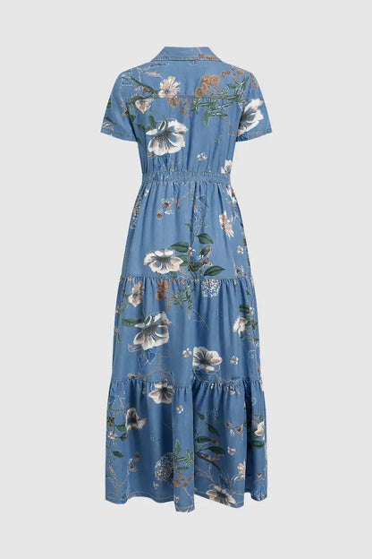 Floral Print Flap Pocket Button Up Short Sleeve Maxi Dress