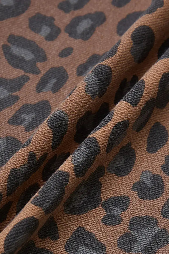Leopard Print Roll Hem Patch Pocket Mid Waist Straight Leg Cropped Pants