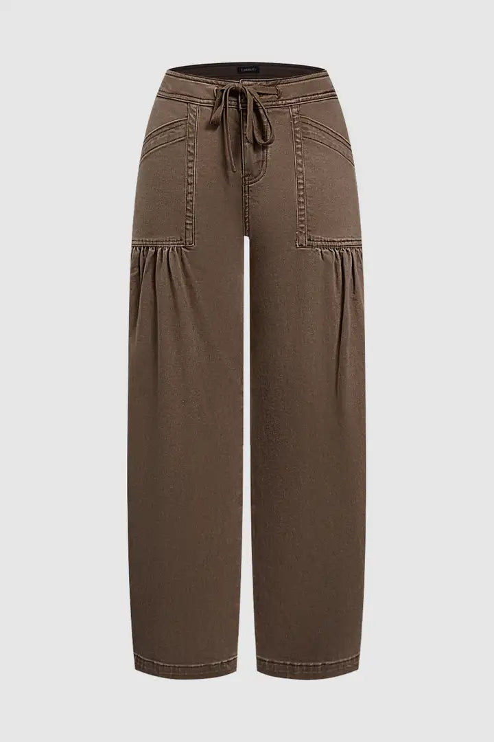 Solid Ruched Patch Pocket Drawstring Mid Waist Wide Leg Pants