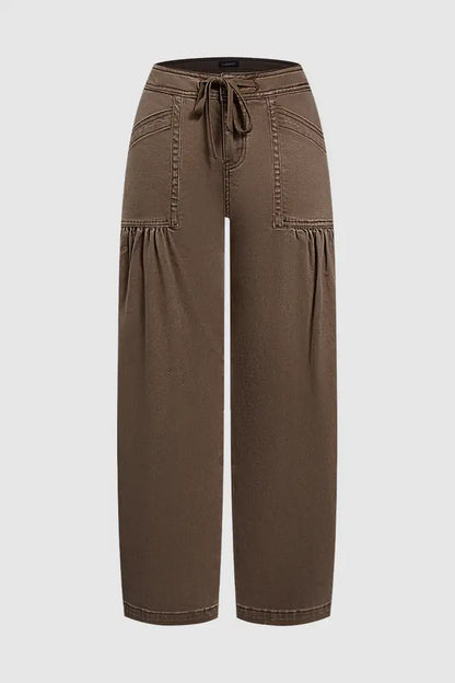 Solid Ruched Patch Pocket Drawstring Mid Waist Wide Leg Pants