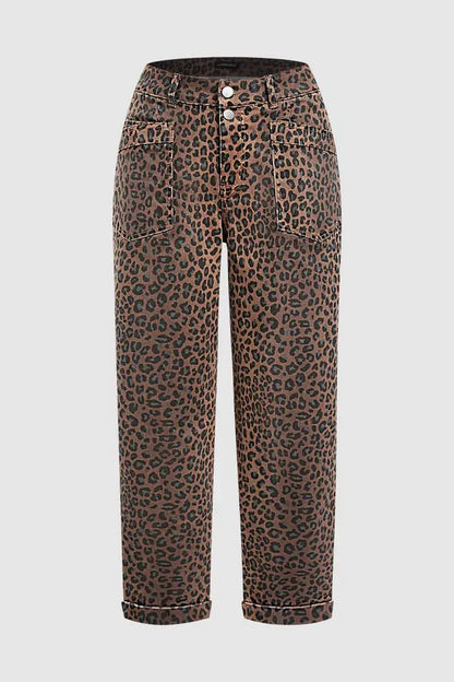 Leopard Print Roll Hem Patch Pocket Mid Waist Straight Leg Cropped Pants