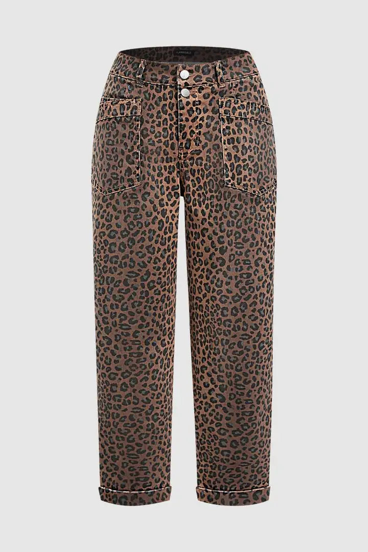 Leopard Print Roll Hem Patch Pocket Mid Waist Straight Leg Cropped Pants