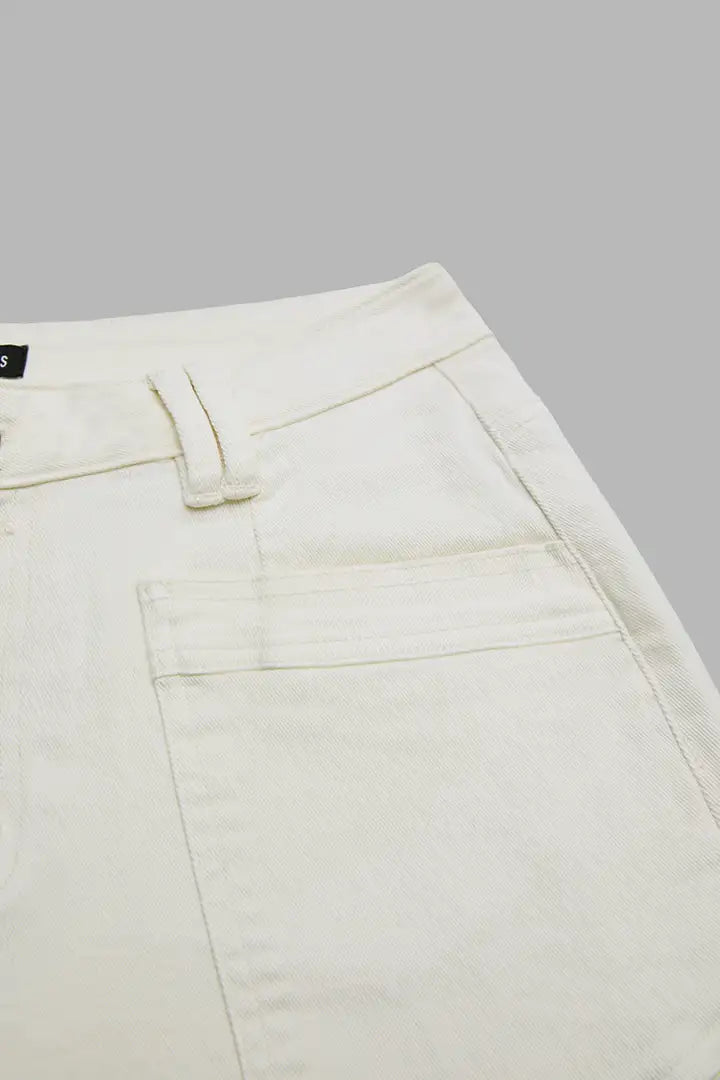 Solid Stitch Detail Patch Pocket Mid Rise Straight Leg Pants