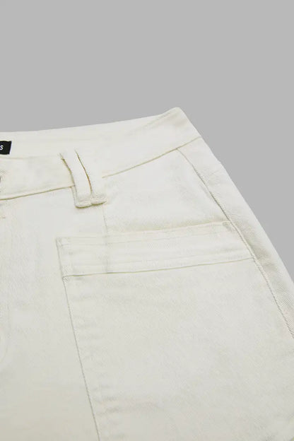 Solid Stitch Detail Patch Pocket Mid Rise Straight Leg Pants