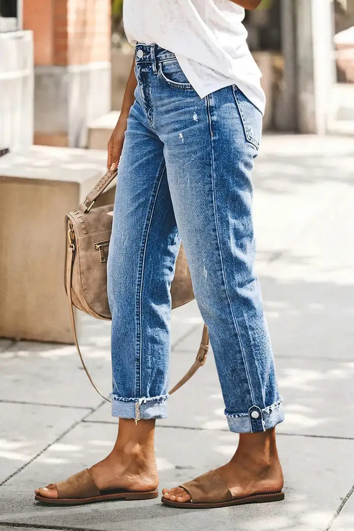 Wash Button Tab Roll Hem Mid Waist Straight Leg Crop Jeans