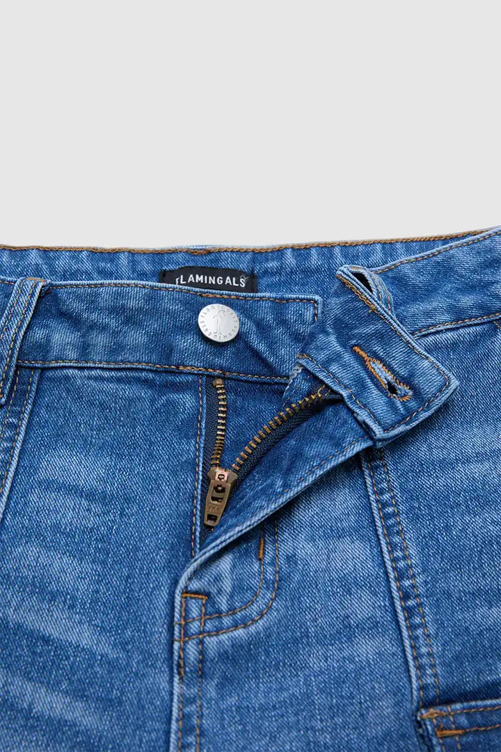 Wash Flap Pocket Split Hem Mid Rise Mid Thigh Cargo Denim Shorts Without Belt