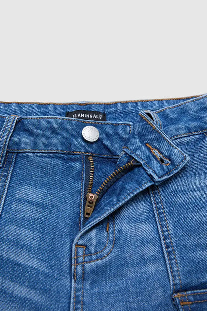 Wash Flap Pocket Split Hem Mid Rise Mid Thigh Cargo Denim Shorts Without Belt