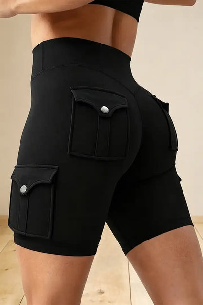 Lycra® Solid Flap Pocket High Waist Sports Shorts