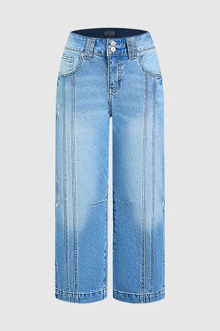 Wash Side Split Ripped Detail Mid Waist Wide Leg Cropped Jeans