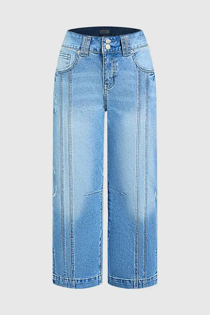 Wash Side Split Ripped Detail Mid Waist Wide Leg Cropped Jeans