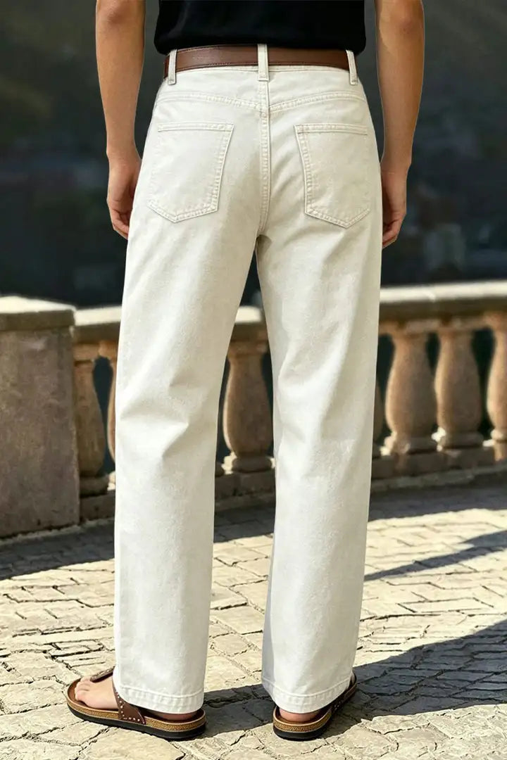 Solid Stitch Detail Patch Pocket Mid Rise Straight Leg Pants