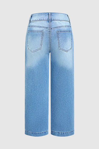 Wash Side Split Ripped Detail Mid Waist Wide Leg Cropped Jeans