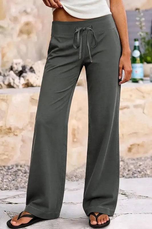 Solid Drawstring Mid Waist Wide Leg Sports Pants