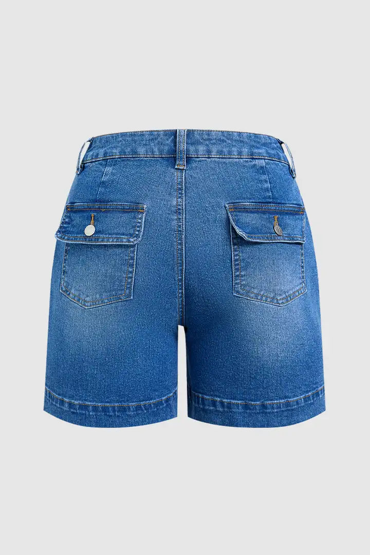 Wash Flap Pocket Split Hem Mid Rise Mid Thigh Cargo Denim Shorts Without Belt