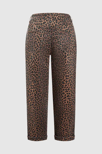 Leopard Print Roll Hem Patch Pocket Mid Waist Straight Leg Cropped Pants