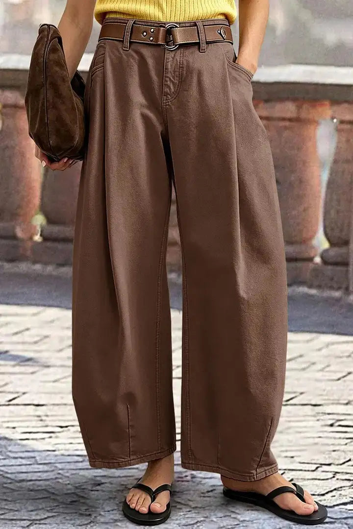 Solid Pleated Mid Rise Barrel Leg Pants Without Belt