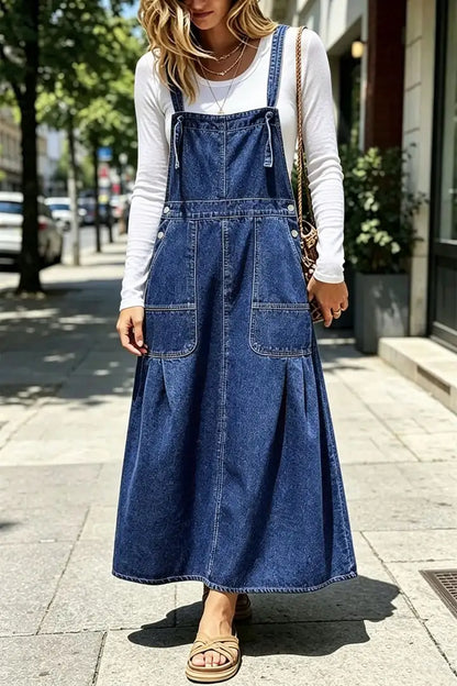 Wash Patch Pocket Pleated Long Denim Overall Dress