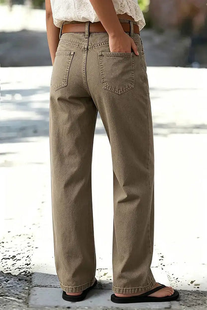 Solid Stitch Detail Mid Waist Straight Leg Pants Without Belt