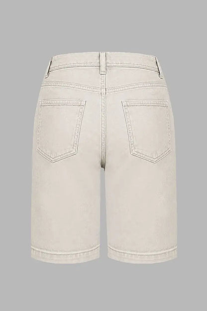 Solid Patch Pocket Dual Button Roll Hem High Rise Bermuda Shorts