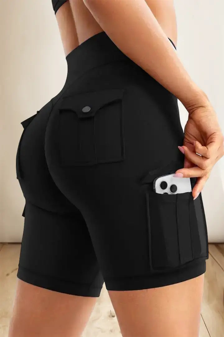 Lycra® Solid Flap Pocket High Waist Sports Shorts