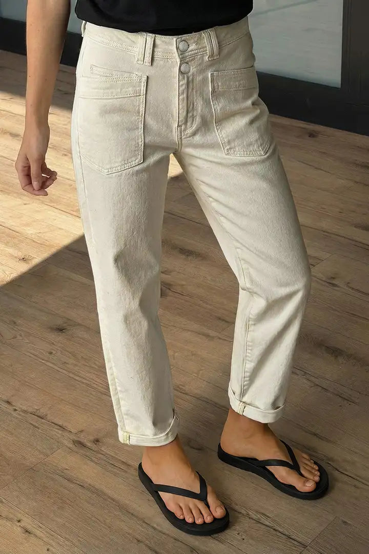 Solid Patch Pocket Dual Button High Rise Straight Leg Crop Pants