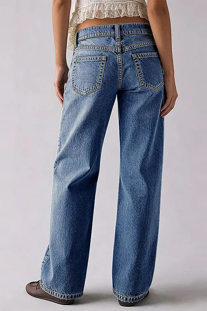 Wash Raw Hem Mid Rise Straight Leg Jeans
