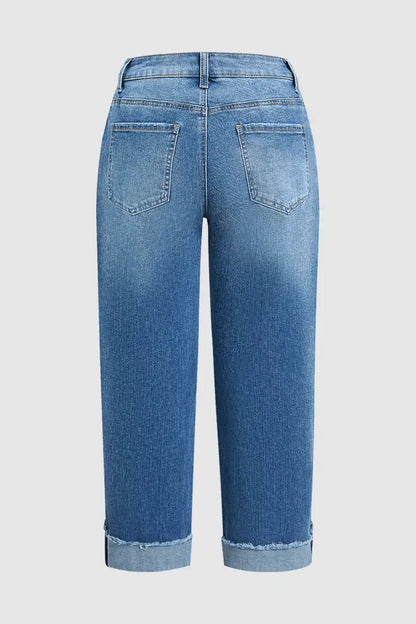 Wash Button Tab Roll Hem Mid Waist Straight Leg Crop Jeans