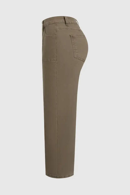 Solid Stitch Detail Mid Waist Straight Leg Pants Without Belt