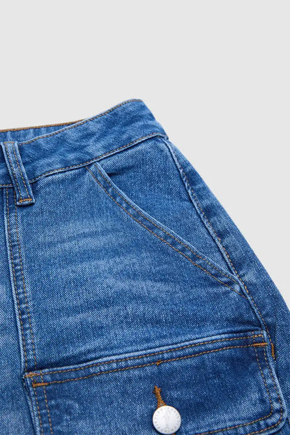 Wash Flap Pocket Split Hem Mid Rise Mid Thigh Cargo Denim Shorts Without Belt