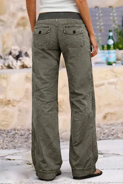 Solid Seam Detail Drawstring Mid Rise Straight Leg Pants