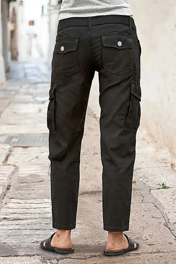 Solid Flap Pocket Mid Waist Tapered Cropped Cargo Pants