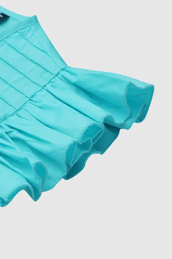 Solid Pleated Ruffle Armhole Top & Slant Pocket Pants Set