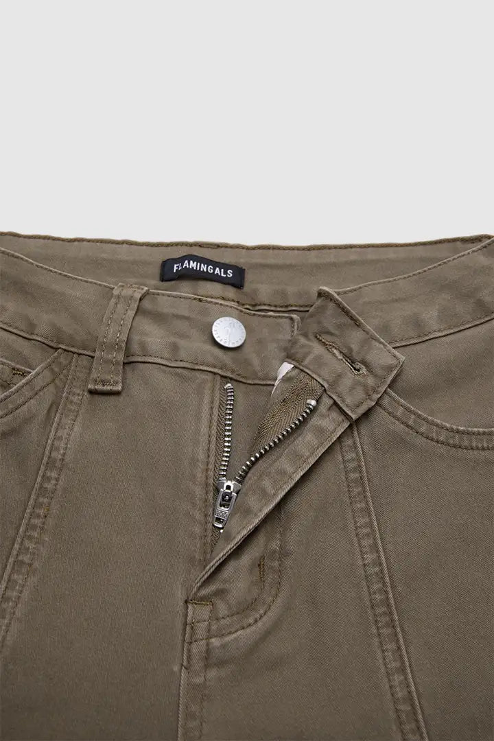 Solid Stitch Detail Mid Waist Straight Leg Pants Without Belt