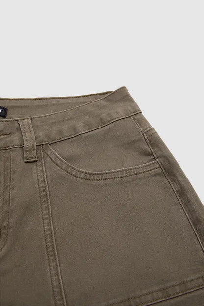Solid Stitch Detail Mid Waist Straight Leg Pants Without Belt