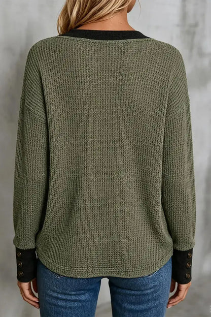 Two Tone Waffle Knit Button Cuff V Neck Long Sleeve T-Shirt