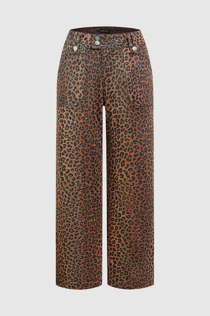 Leopard Print Patch Pocket High Waist Straight Leg Pants