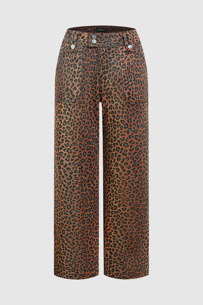 Leopard Print Patch Pocket High Waist Straight Leg Pants