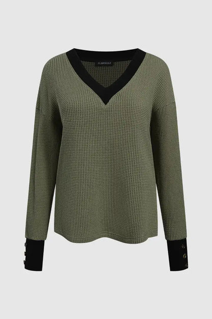 Two Tone Waffle Knit Button Cuff V Neck Long Sleeve T-Shirt