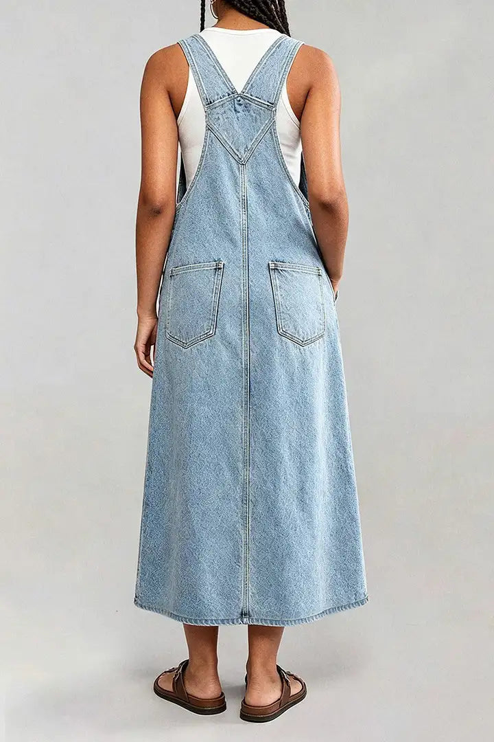 Wash Flap Pocket Stitch Detail High Waist Long Overall Dress
