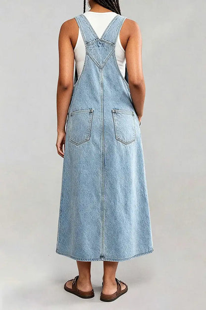 Wash Flap Pocket Stitch Detail High Waist Long Overall Dress