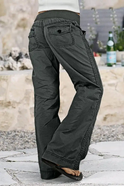Solid Seam Detail Drawstring Mid Rise Straight Leg Pants