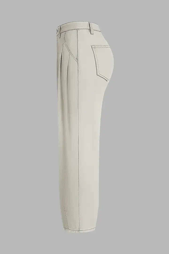Solid Pleated Mid Rise Barrel Leg Pants Without Belt