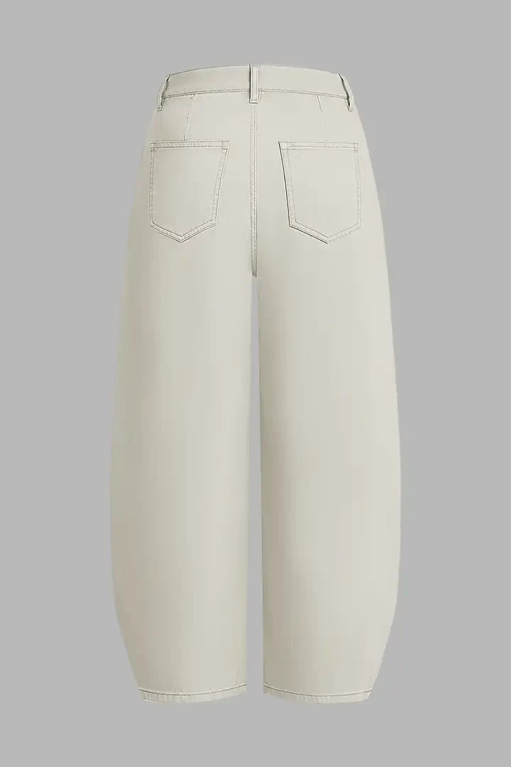 Solid Pleated Mid Rise Barrel Leg Pants Without Belt