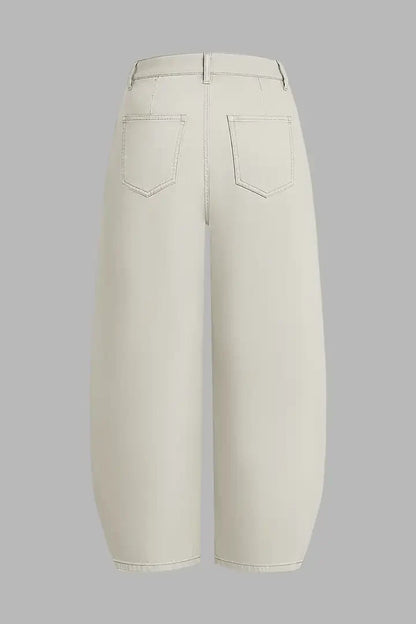 Solid Pleated Mid Rise Barrel Leg Pants Without Belt