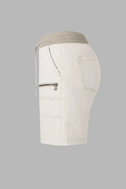 Zip Decor Patch Pocket Drawstring Mid Rise Bermuda Shorts
