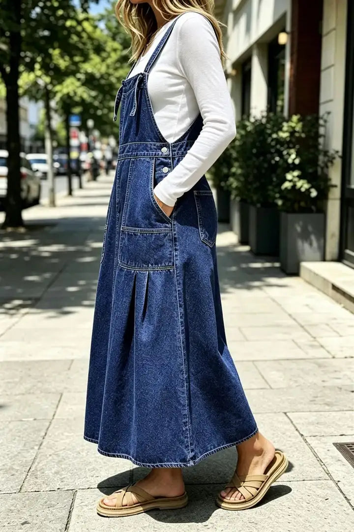 Wash Patch Pocket Pleated Long Denim Overall Dress