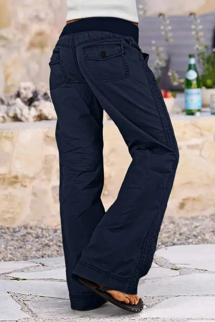 Solid Seam Detail Drawstring Mid Rise Straight Leg Pants