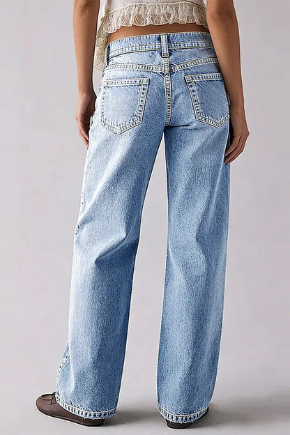 Wash Raw Hem Mid Rise Straight Leg Jeans