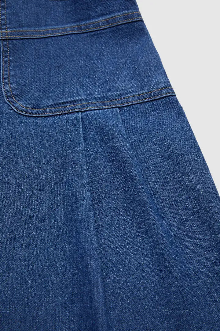 Wash Patch Pocket Pleated Long Denim Overall Dress